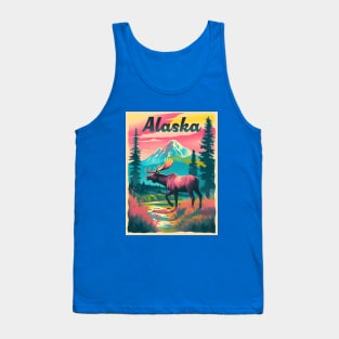 Alaska Moose Mountain Trees Retro Risograph Design Souvenir Tank Top